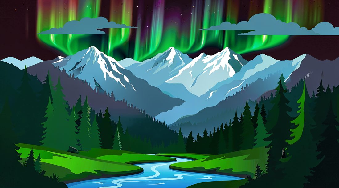Aurora over snow-capped mountains and a river valley